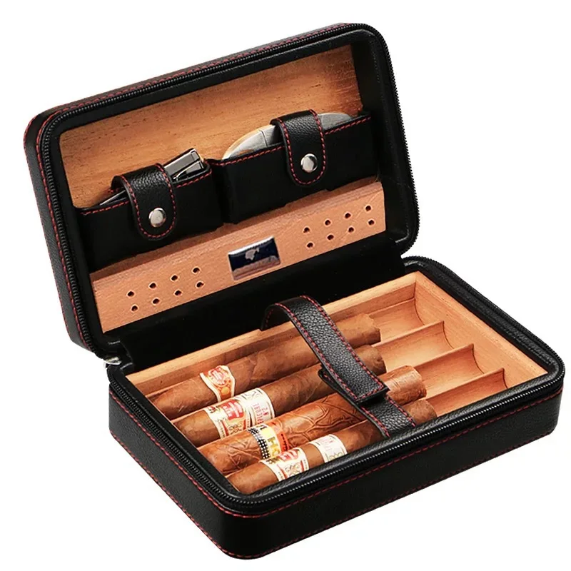 Wholesale Cigar Travel Humidor Luxury Wood Leather Cigar Travel Case Gift Cigar Tool Set