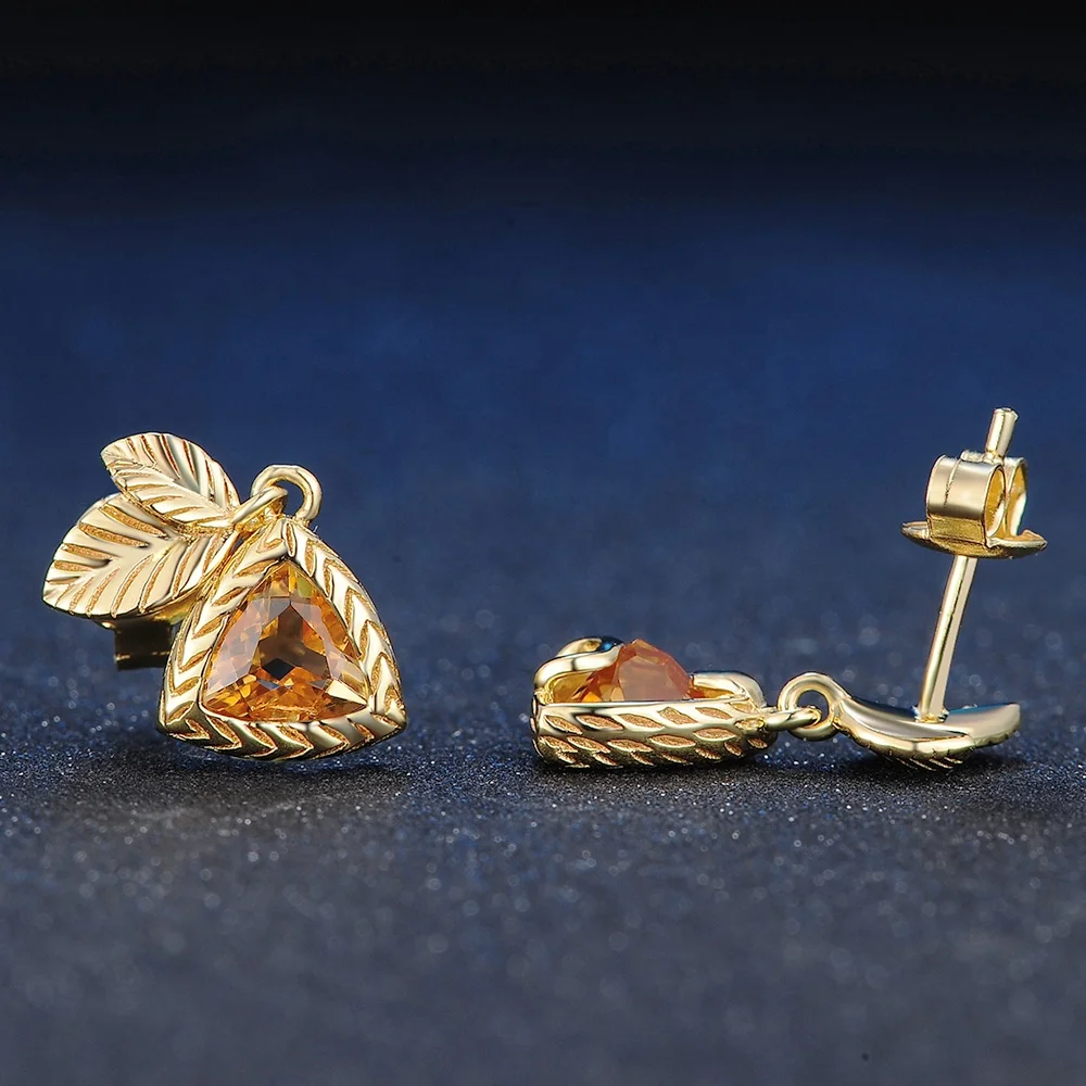 Fancy Fine Jewelry 14K Gold Plated 925 Triangle Cut Natural Gemstone Yellow Citrine Drop Earrings EI009