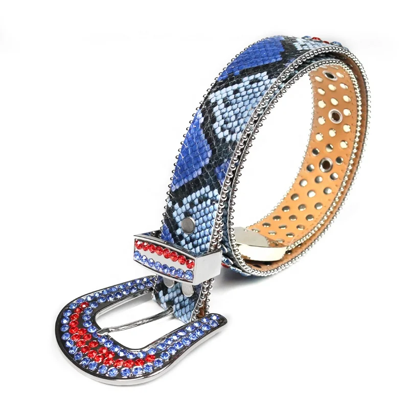 New Western Bling Bling Snake Skin Leather Rhinestone Belts Fashion Men Shiny Blue&Red Diamond Crystal Waist Belt Vendor