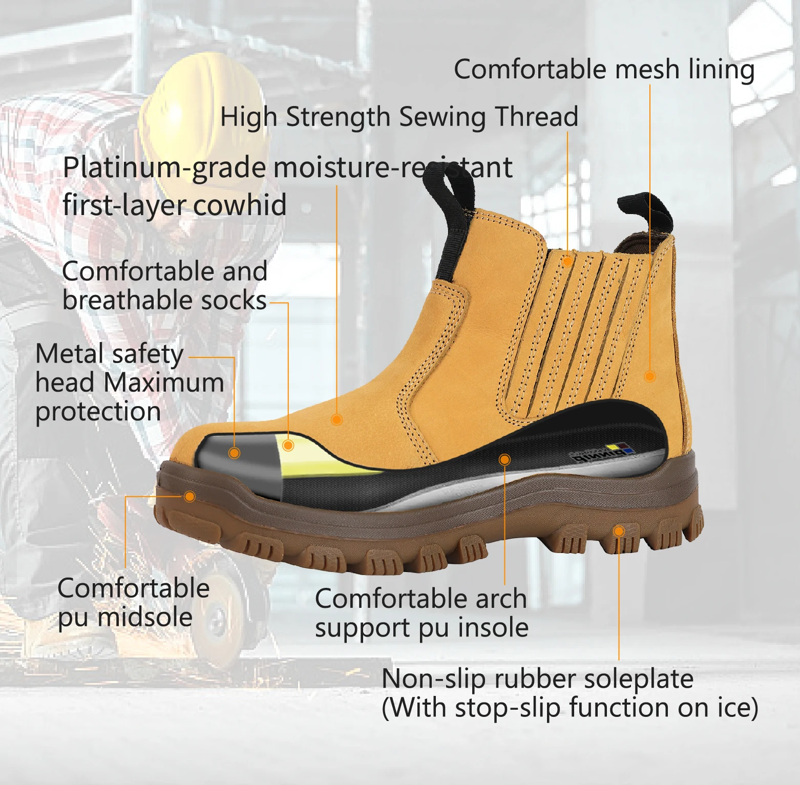 PINNIP Chel-sea Hot Sale Martin Shoes Natural Cow Leather  Oil resistance Green Compression Resistant