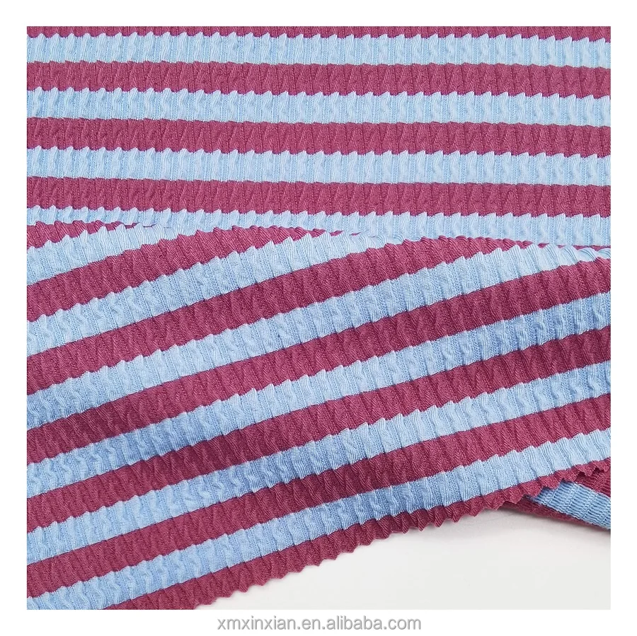 New Stripe colored Recycled crinkle swimwear seersucker knit thick stretchy swim fabric crinkle for bikini swimsuit