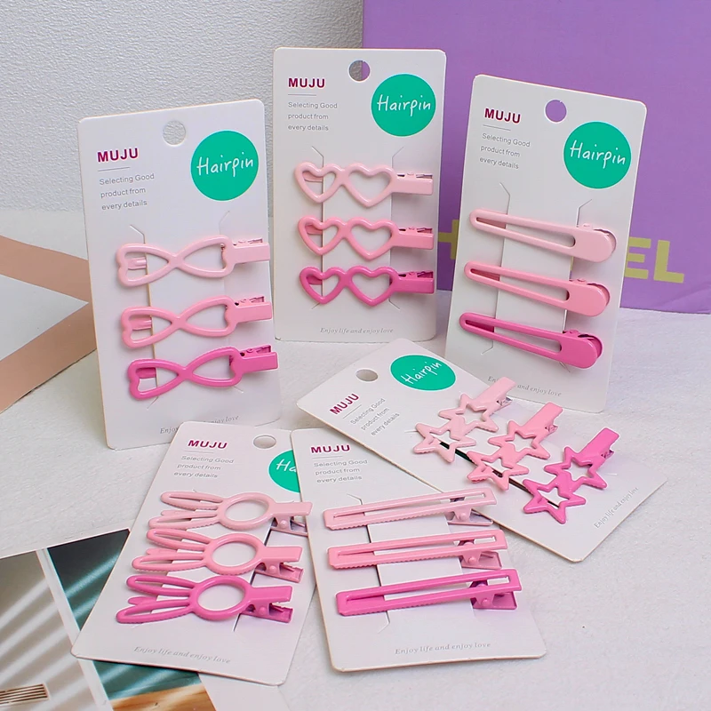 3 Piece of Sweet Pink Metallic Cute Hair Accessories Premium Set Clips for Girl