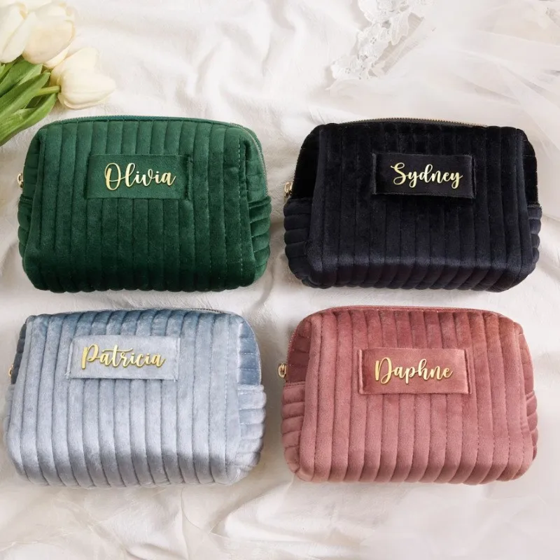 Custom Logo Travel Large Quilted Cosmetic Pouch Velvet Makeup Bag For Women