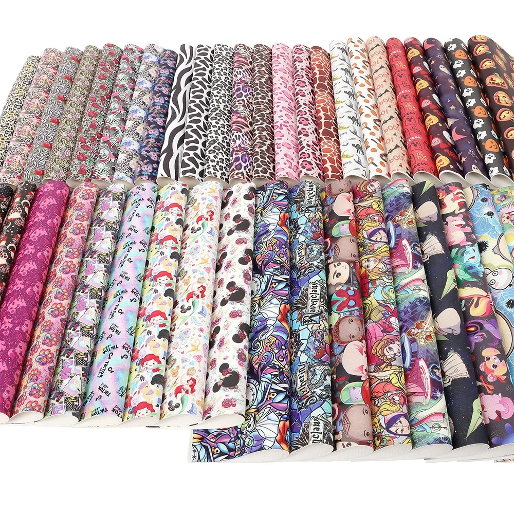 Custom Cartoon Characters Printed PVC Litchi Texture Faux Leather Rolls Fabric For DIY Handbags Purse Crafts