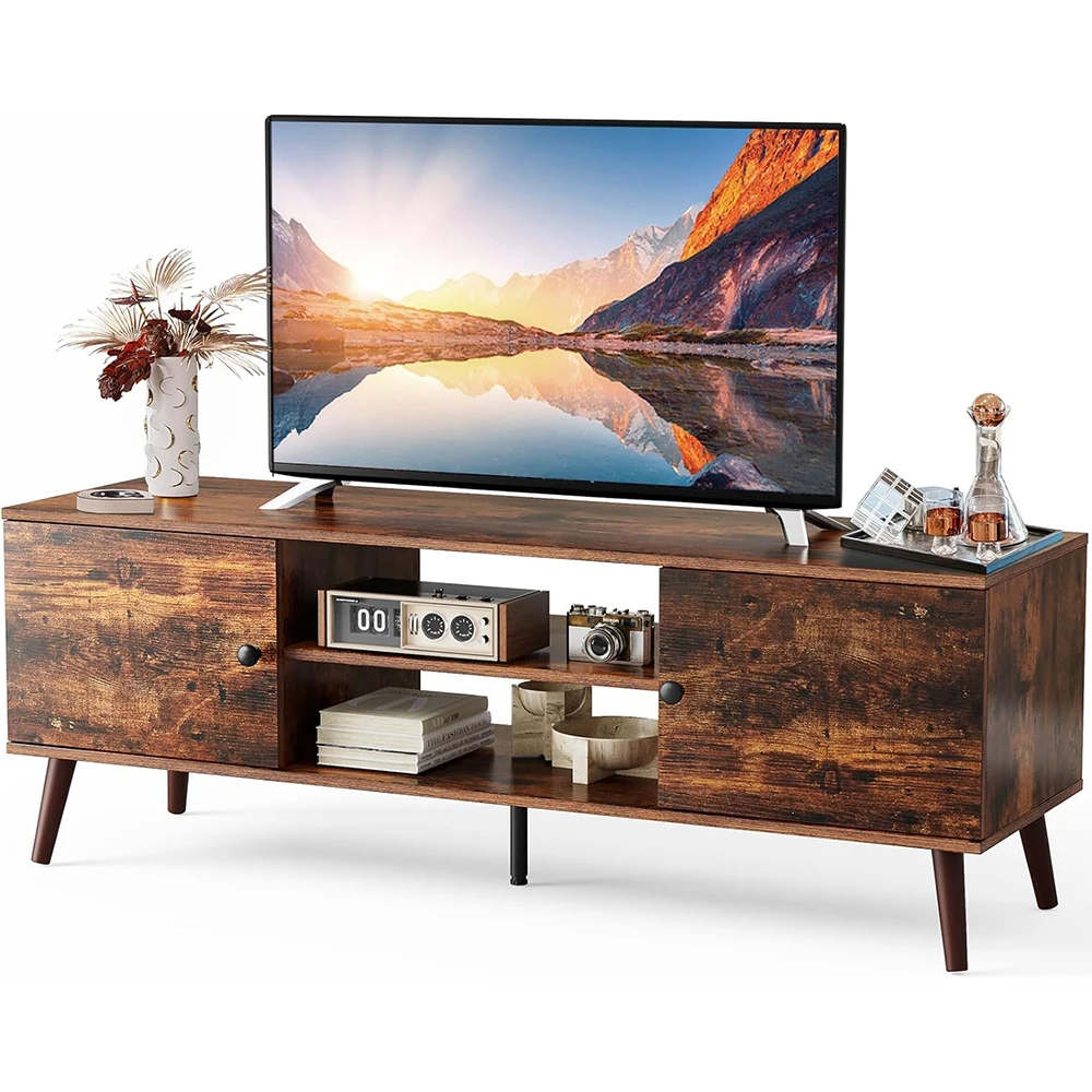 Mid Century Modern Adjustable Hinge TV Stand Wooden Television Entertainment Center with Storage Cabinet