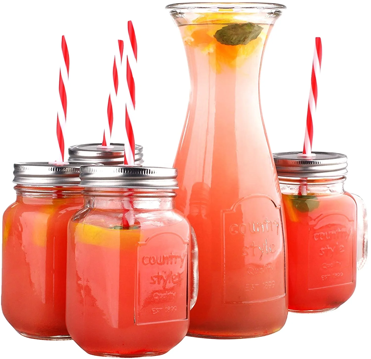 Wide Mouth 450ml Glass Mason Drink Beverage Jar Pitcher Set With Handle And Straw Metal Lid