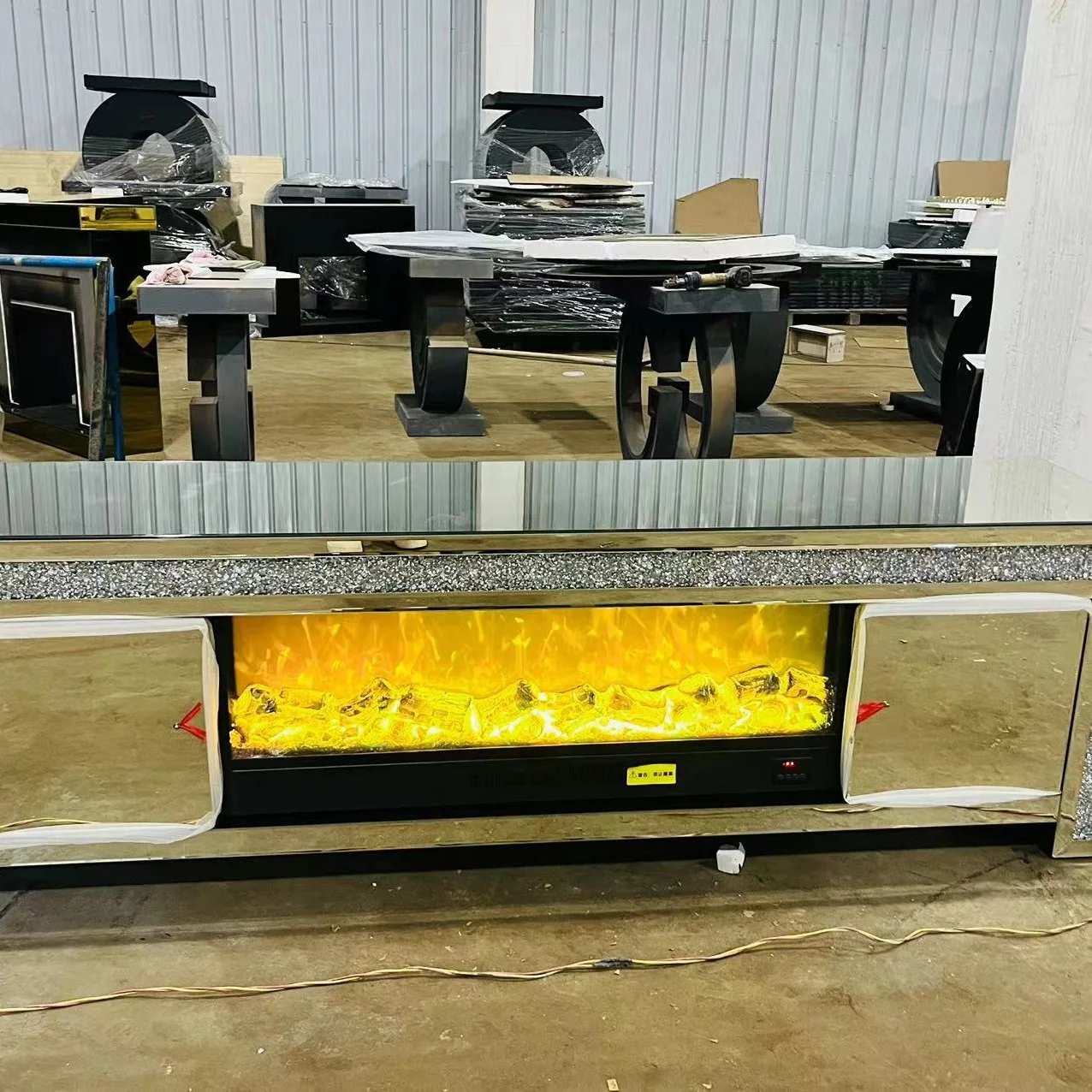 Luxury Crushed Diamond Mirrored TV Stand LED Fireplace Sparkling Living Room Furniture Home Office Hall Workshop Entry Laundry