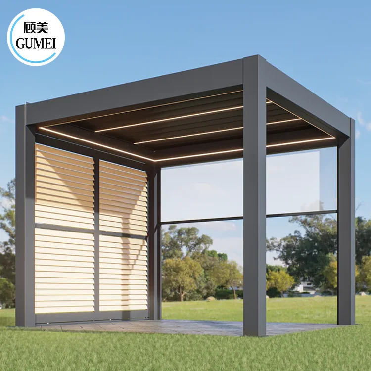Wall-Mounted Outdoor Waterproof Aluminum Pergola  Roof System Bioclimatic Motorized Retractable Louvre Awning