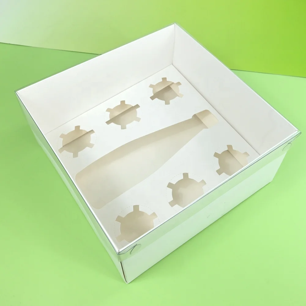 XJH Clear Bento Cupcake Box with Wine Bottle Clear Bento Cake Box with 6 Cupcake Insert Bento Plus 6 Cupcake Box