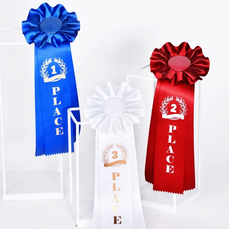 Yama factory satin ribbon award personalize custom logo badge 1st 2nd 3rd sport self adhesive rosette award ribbon with pin