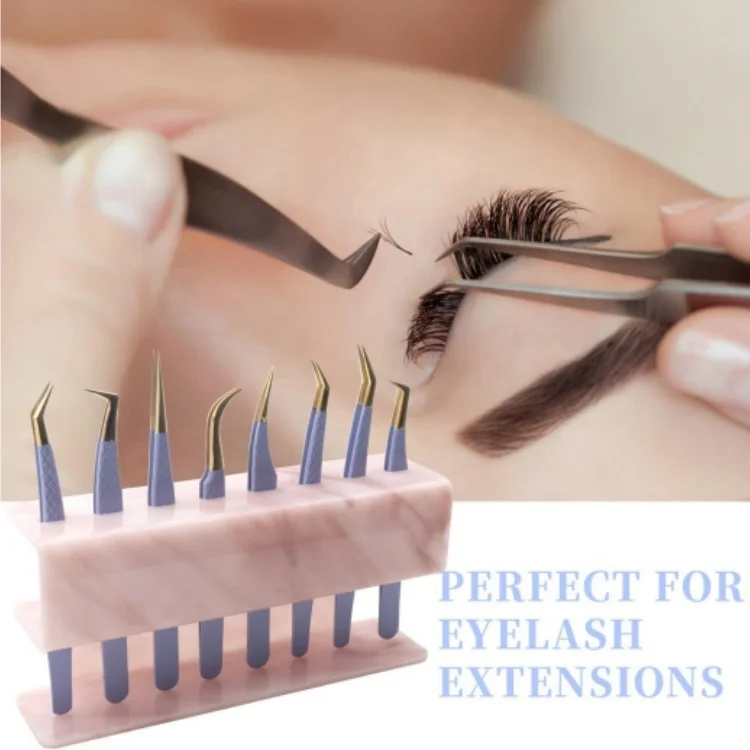 8 Holes Acrylic Pink Tweezers Holder Tweezers Holder Eyelash Extension Supplies Display Stand, 1 Pc (Pink Marble-8 Holes)