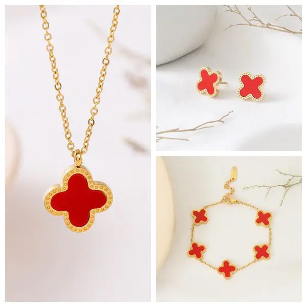 Fashion stainless steel jewelry set Necklace earrings bracelet four-leaf clover jewelry set
