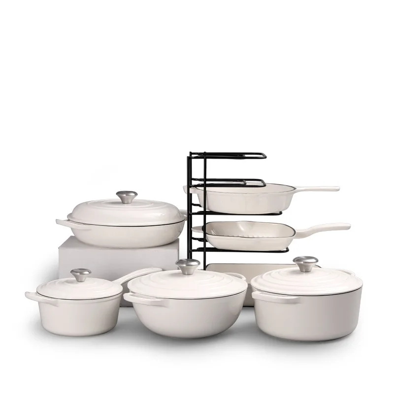 Custom WHITE Round Cast Iron Pot With Lid Non-stick Double Handle Pre-flavored Multifunctional 26CM Vegetable Oil Dutch Stockpot