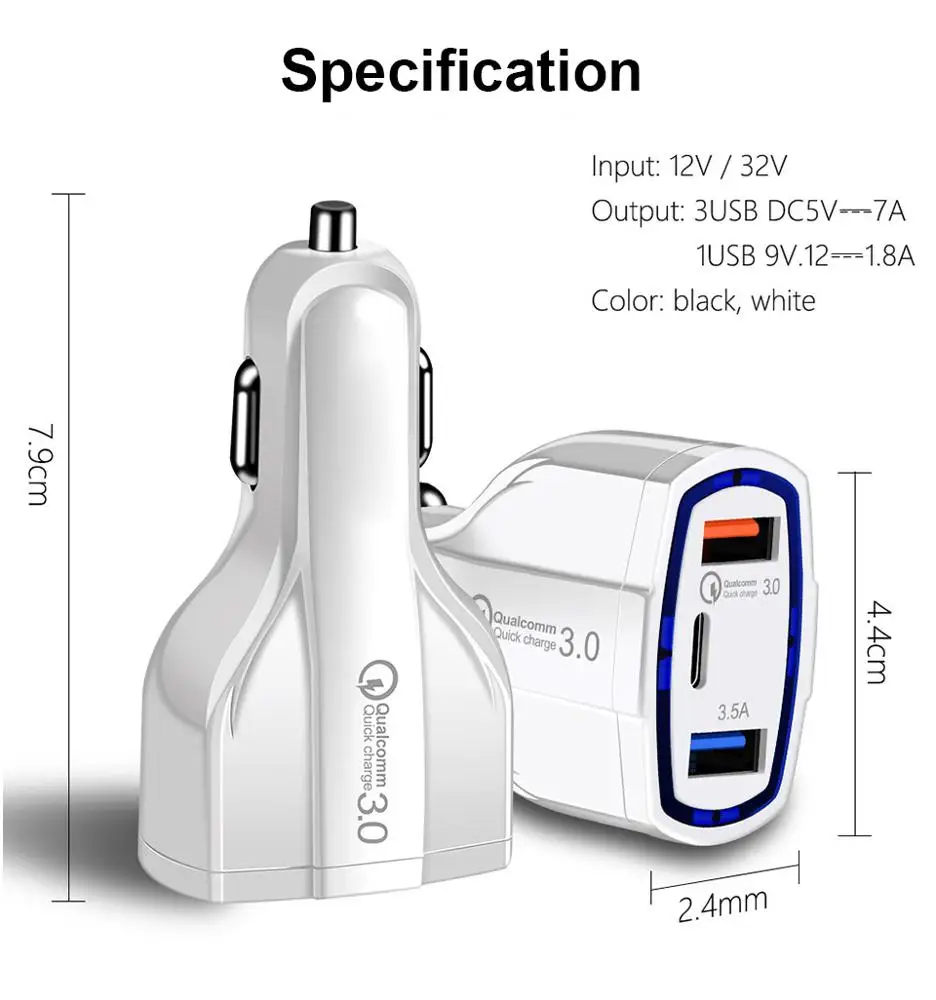  Автомобильное зарядное устройство с 3 портами USB C QC 0 быстрая зарядка автомобильный адаптер для зарядки телефона iPhone