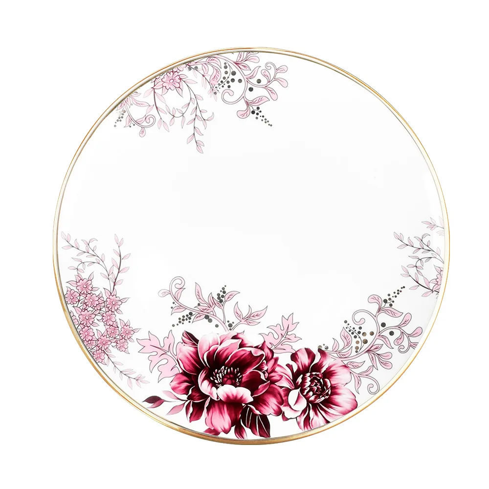Burgundy Peony Ceramic Dinner Tableware Set Restaurant Crockery Hotelware Events Wedding Gifts Hand Engraved Sustainable