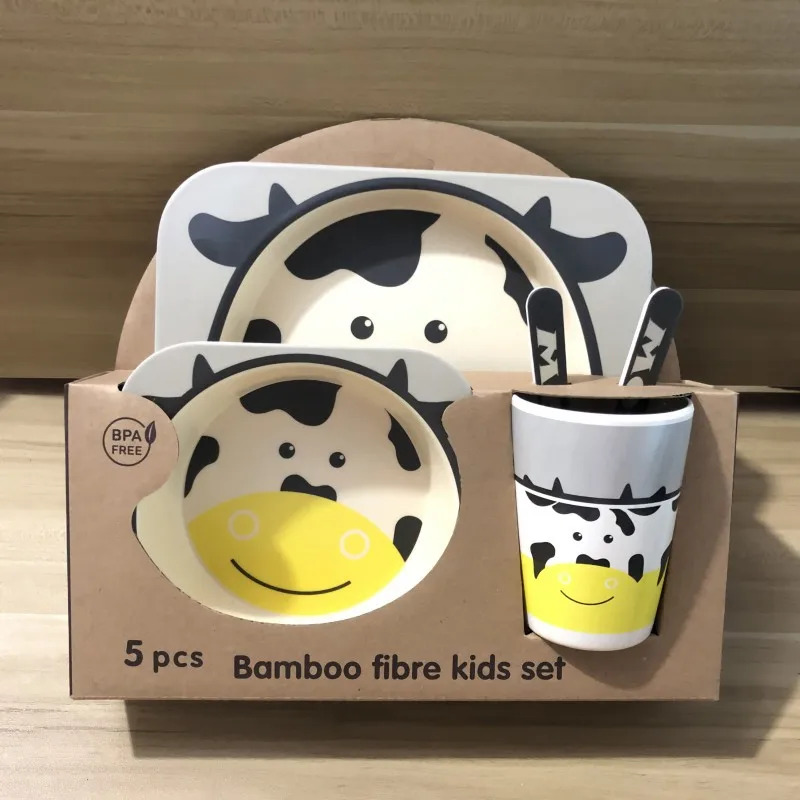 Wholesale 26 Paragraph Cartoon Animal Shape Dinner Baby Plates 5-piece Bamboo Fiber Dinner Plate Divided For Children Set