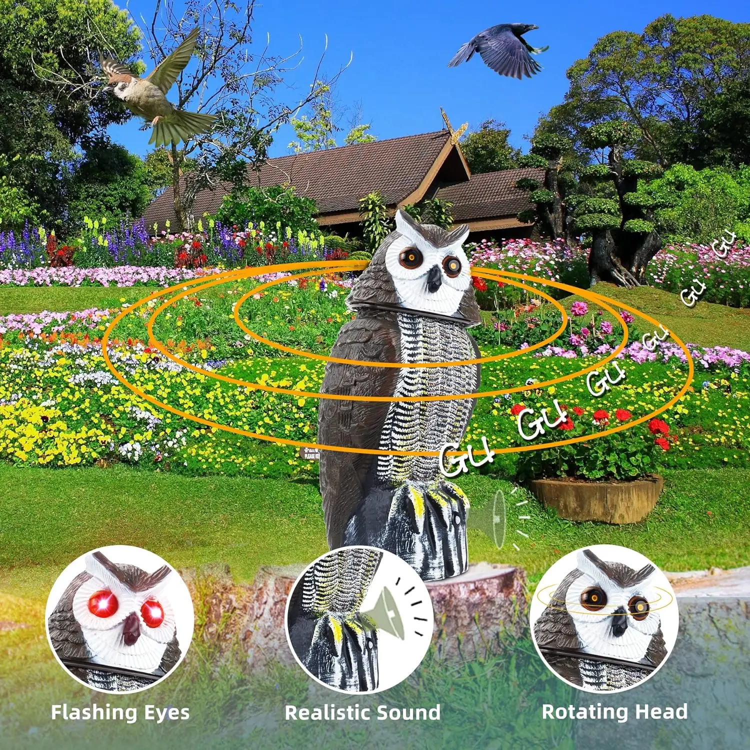 Realistic Sound And Rotating Head Solar Bird Repellent Owl Decoy To Bird Deterrent Devices Outdoor With Flashing Eyes