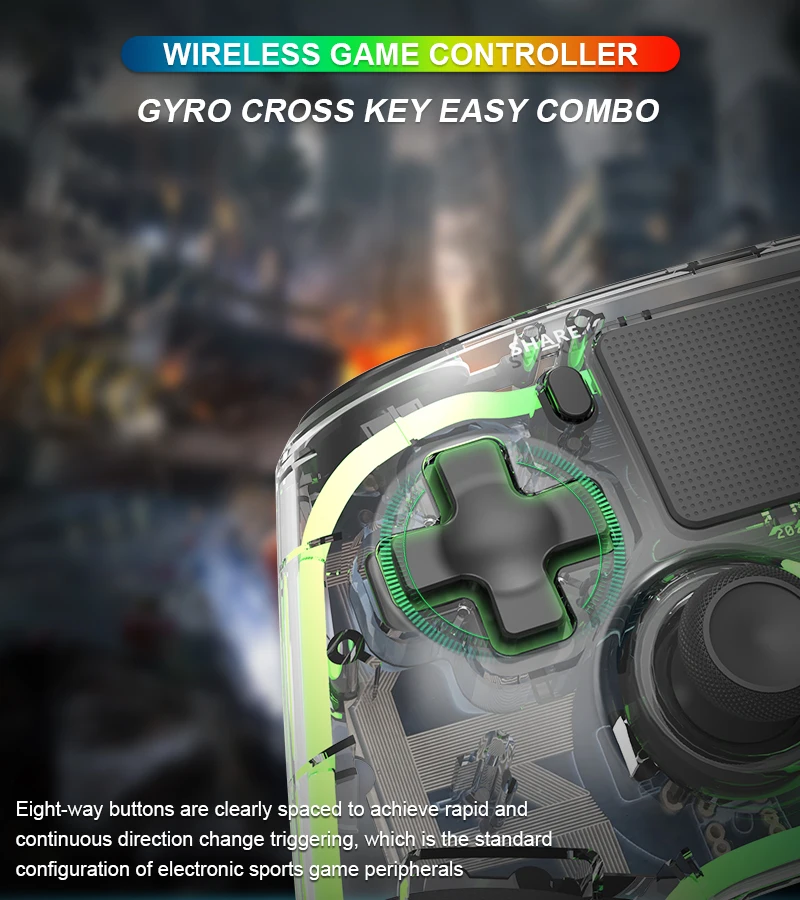 Colorful Light Controller RGB Wireless Gamepad for PS4/PC Hall Rocker Wireless Controller Built in Dual Vibration Motor