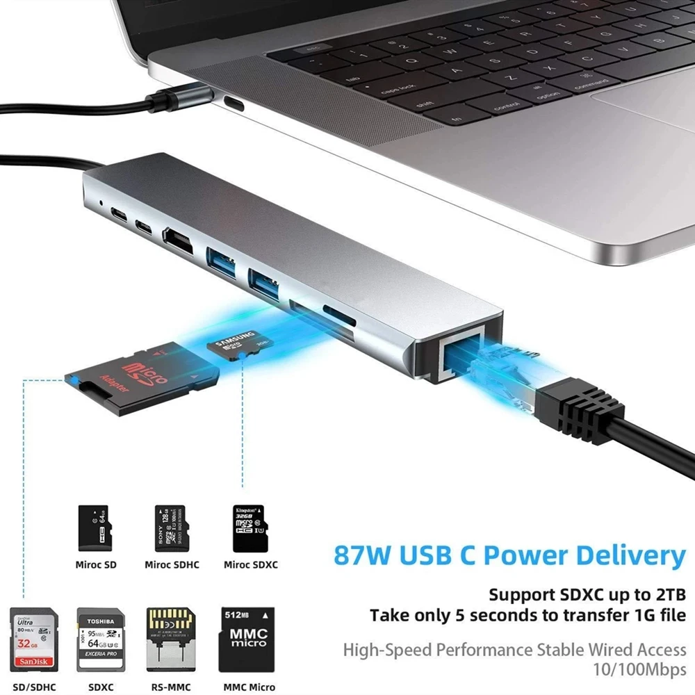 8in1 USB Type-C Hub To 4K HDMI RJ45 USB SD/TD Card Reader PD Fast Charge 8-in-1 Multifunction Adapter For MacBook Pro