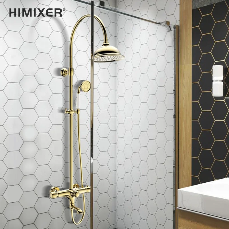 HIMIXER classical gold shower set colonne de douche exposed in wall  thermostatic shower mixer 3 ways brass   bath shower faucet