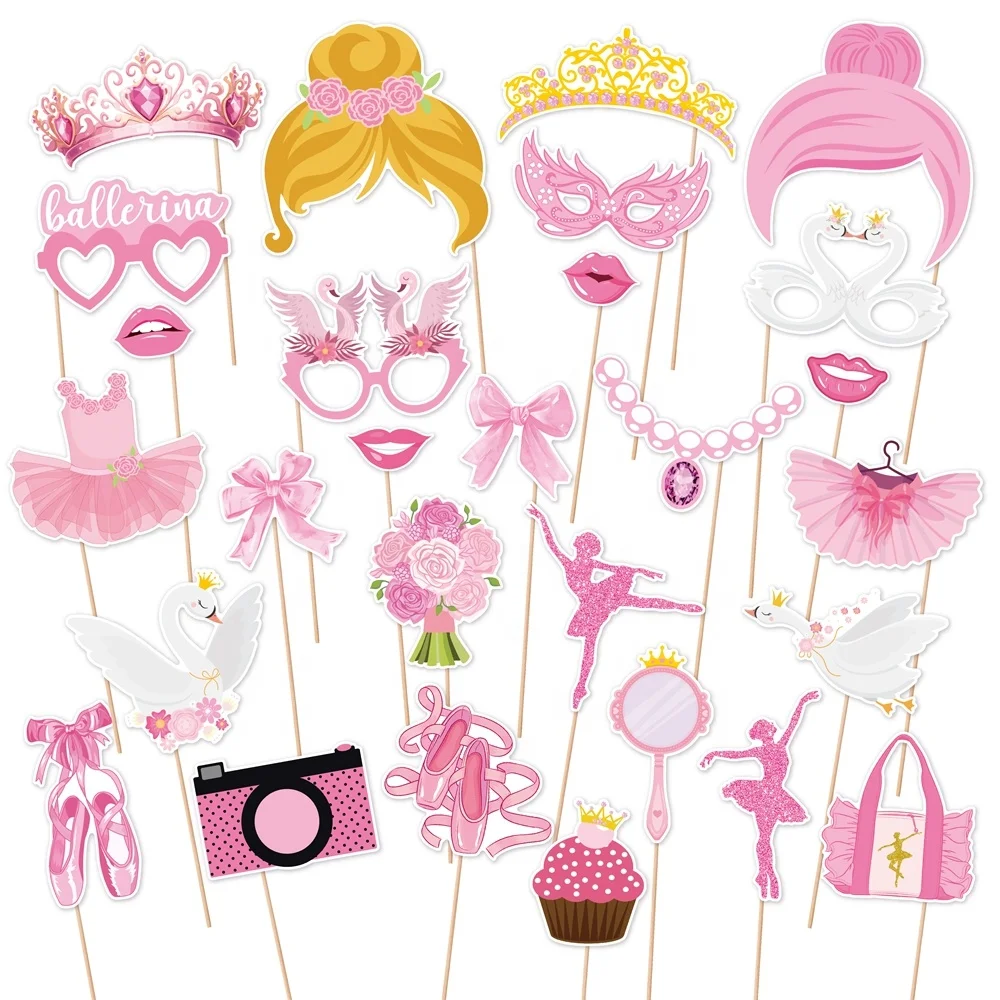 28Pcs Princess Photo Booth Props with Stick Ballet Theme Pink Selfie Props for Baby Shower Girls Birthday Party Supplies