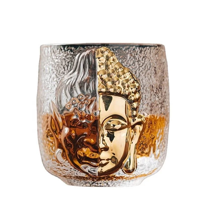 Hot Selling Crystal  Glass Cup Gold-Faced Buddha Glass Cup Coffee Kung Fu Tea Cup Whiskey Glasses For Bar