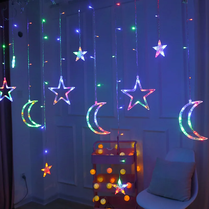 Factory Hot Sale Christmas String Lights Twinkle Fairy Ramadan Decoration Moon Star Curtain Lights