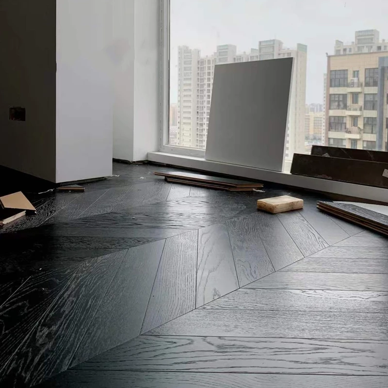 Pure Black Oak Multi-layer Solid Wood Composite Flooring Hotel Office Light Luxury Floor 15mm Oak Engineering Wood Flooring