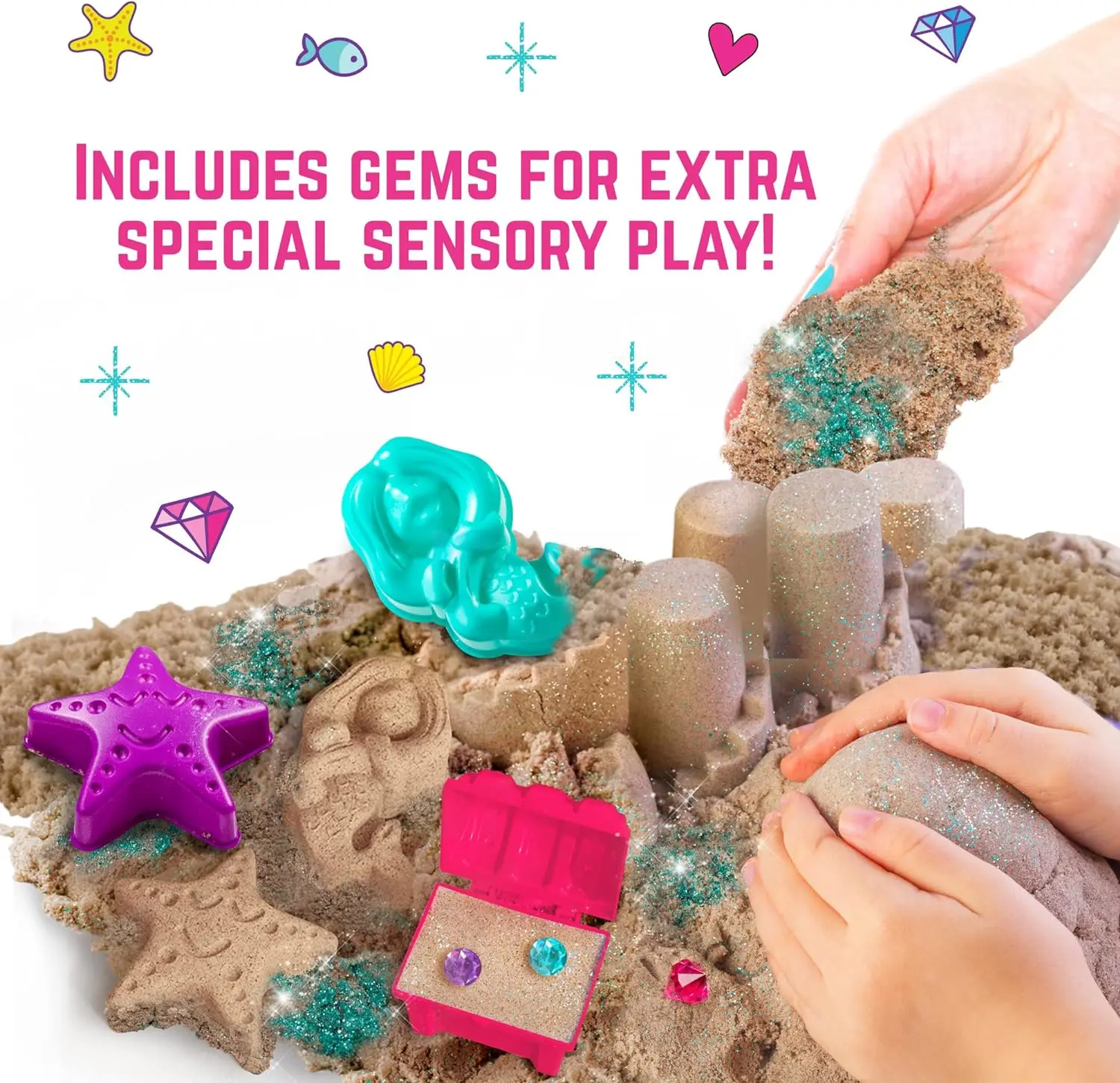 Mermaid Sensory Sand Kit, 2lbs Moldable Play Sand for Kids Aged 3+, Magic Sand with Gems, Tools & Portable Treasure Chest