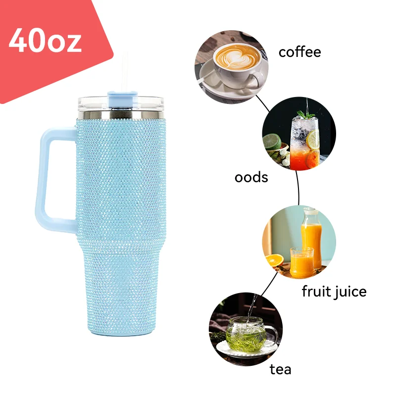 Hand Made Rhinestone Cup Luxluxury Vacuum Insulated Coffee Mug Stainless Steel Bling 40oz Tumbler With Straw Rhinestone