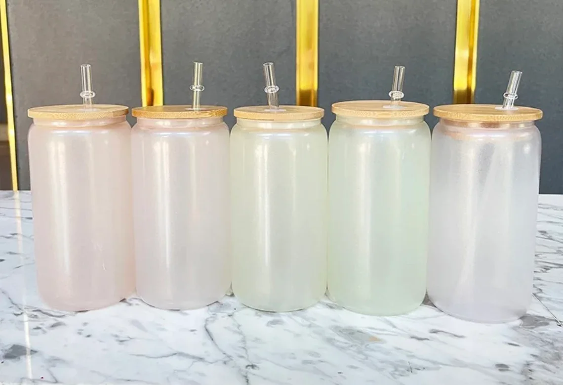 USA warehouse customized diy 16oz skinny glitter crystal clear frosted rainbow glass tumbler for sublimation printing with all