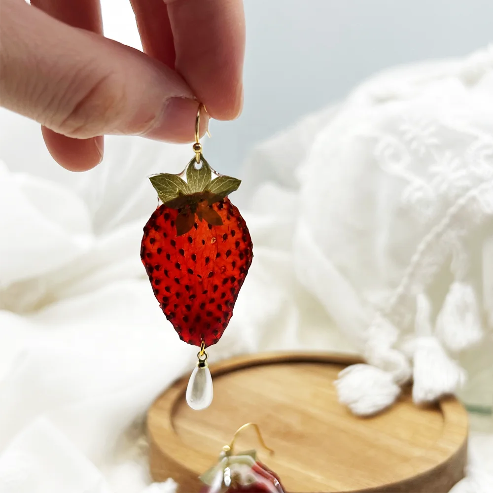 bohemian women fine jewelry 18k gold stainless steel handmade strawberry and pearl drop earrings lovely jewelry