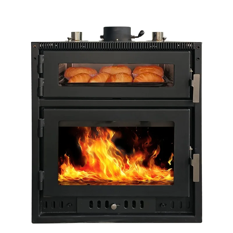 Indoor real fire wood burning stove fireplace heater with oven can BBQ bake pizza  bread beef