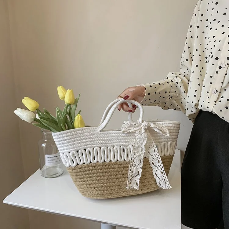Wholesale reusable woven grocery bags Summer beach bag large canvas tote bag with ribbon