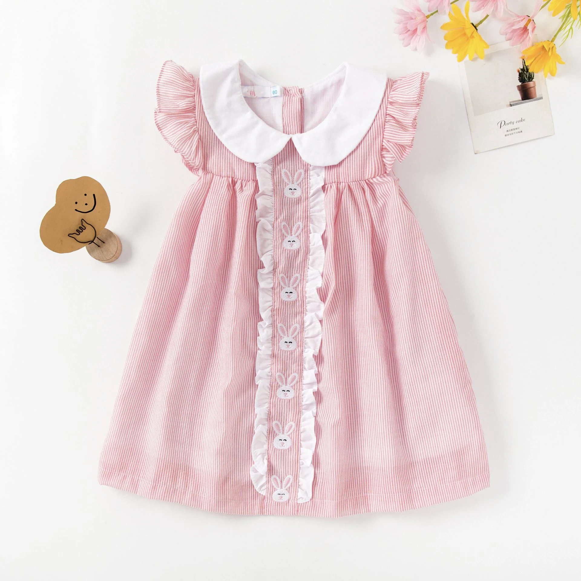 New Arrival Cotton Kids Princess Dress Summer Flutter Sleeve Striped Dress Embroidery Duck Baby Girls Dress
