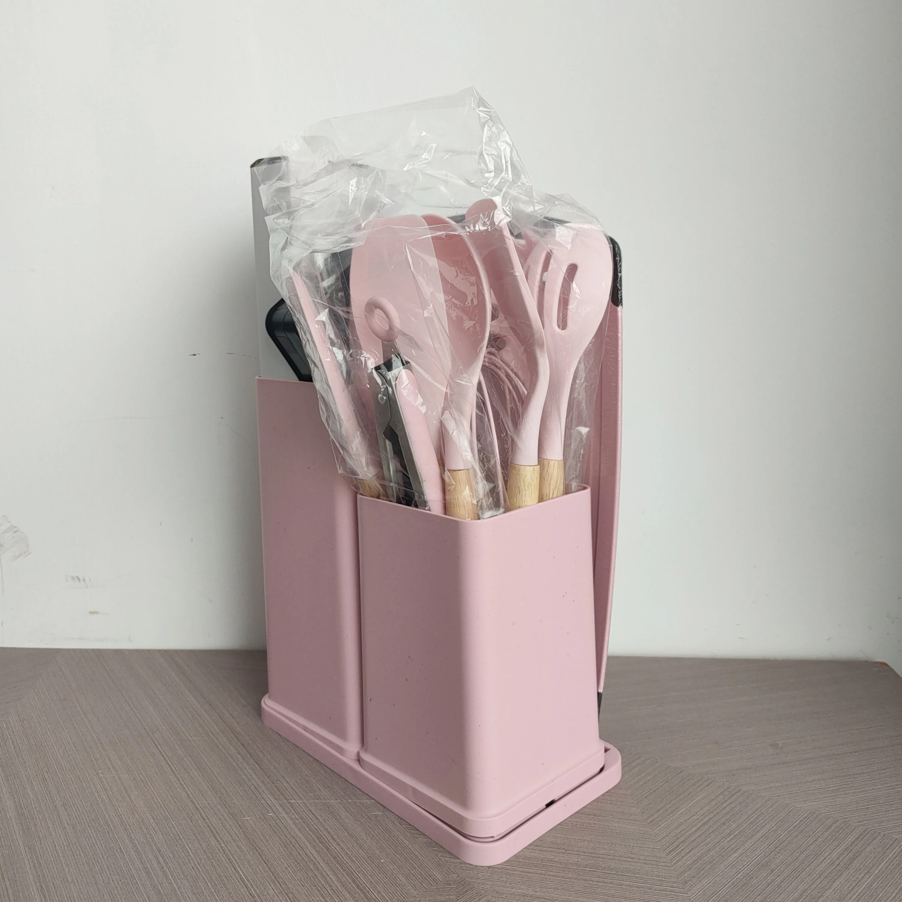 Heat resistance wholesale 19 piece wood handle white soft touch silicone cooking utensils kitchen tools and knife set