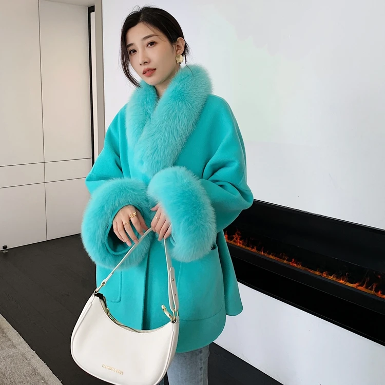 Winter Cashmere Fur Coat Plus Size Wool Coats for Women Real Fox Fur Collar Belt Fluffy Jacket