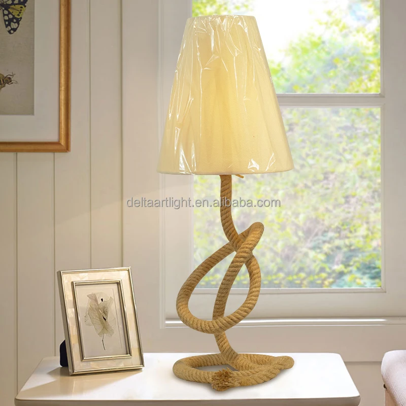 Rustic vintage retro style fabric shade rope body large table lamp with E27 lamp holder home decor