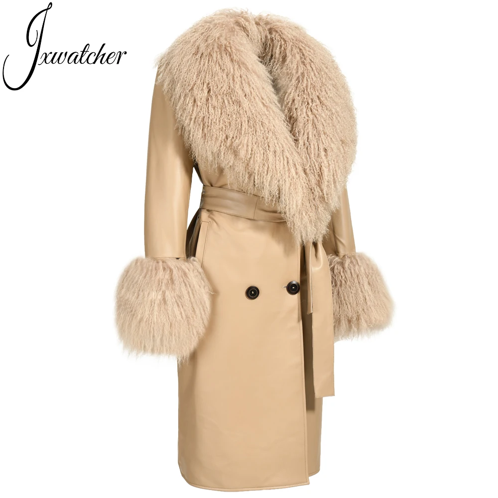 Оптовая продажа двубортное пальто из натуральной овчины с меховым воротником в монгольском стиле Осенний Тренч лацканами кожи мехом для женщин