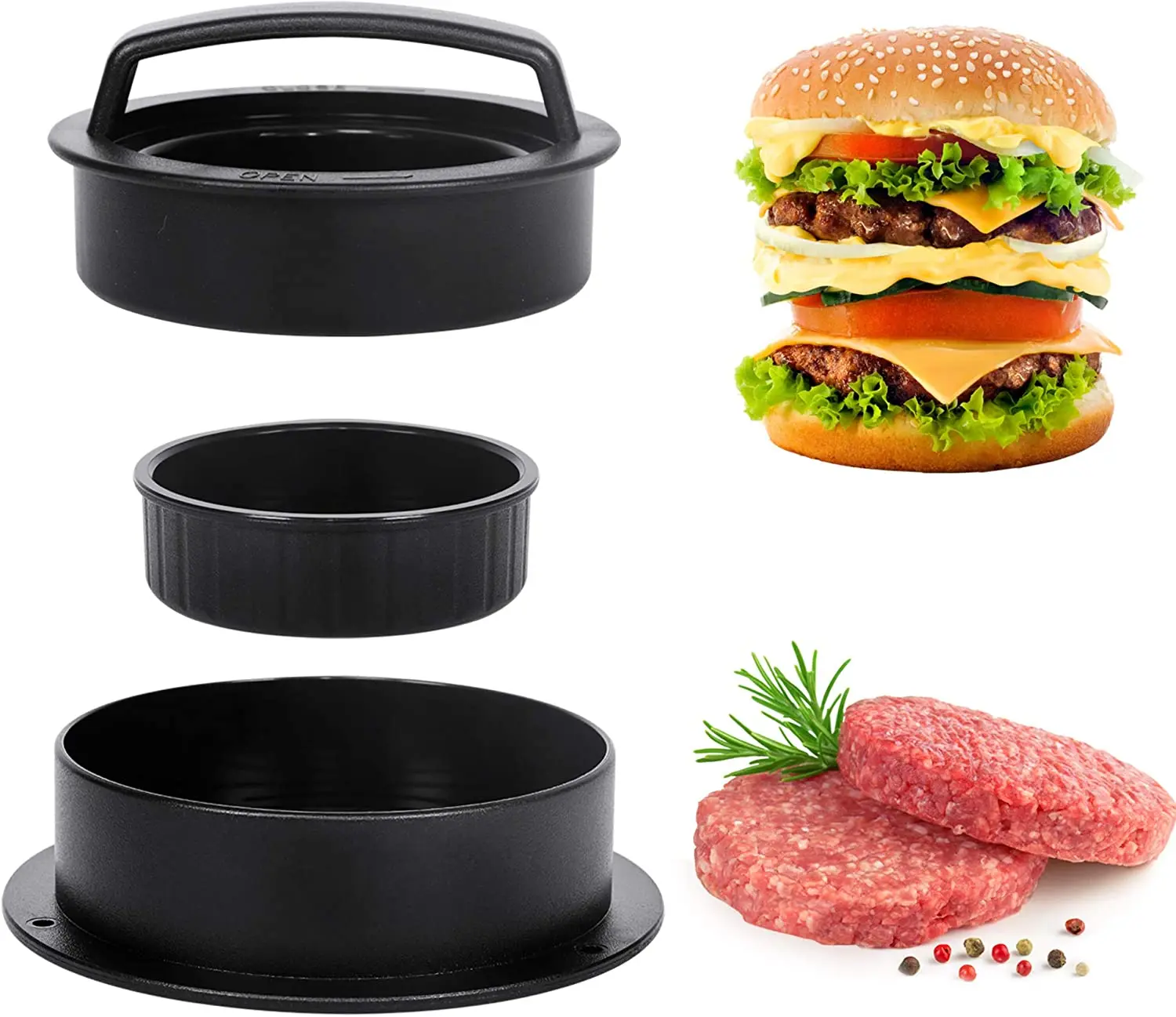 Оптовая продажа с завода, 3-в-1, антипригарный пресс для бургеров разных размеров, пресс-форма для гамбургеров, пресс-форма для котлет