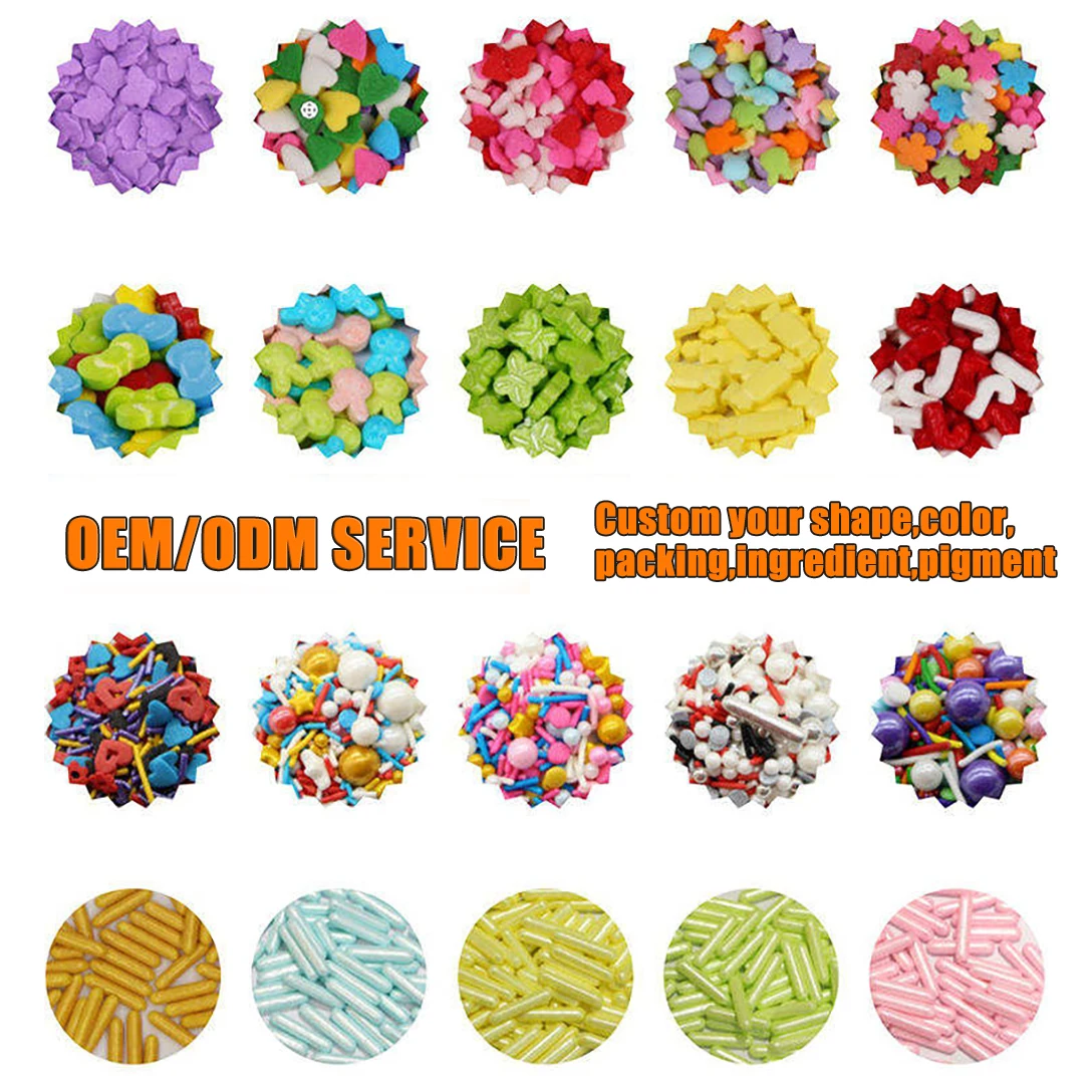 Customize various styles wholesale cake edible sprinkle cake decoration press candy,confetti,sugar rods,sugar beads,jimmies