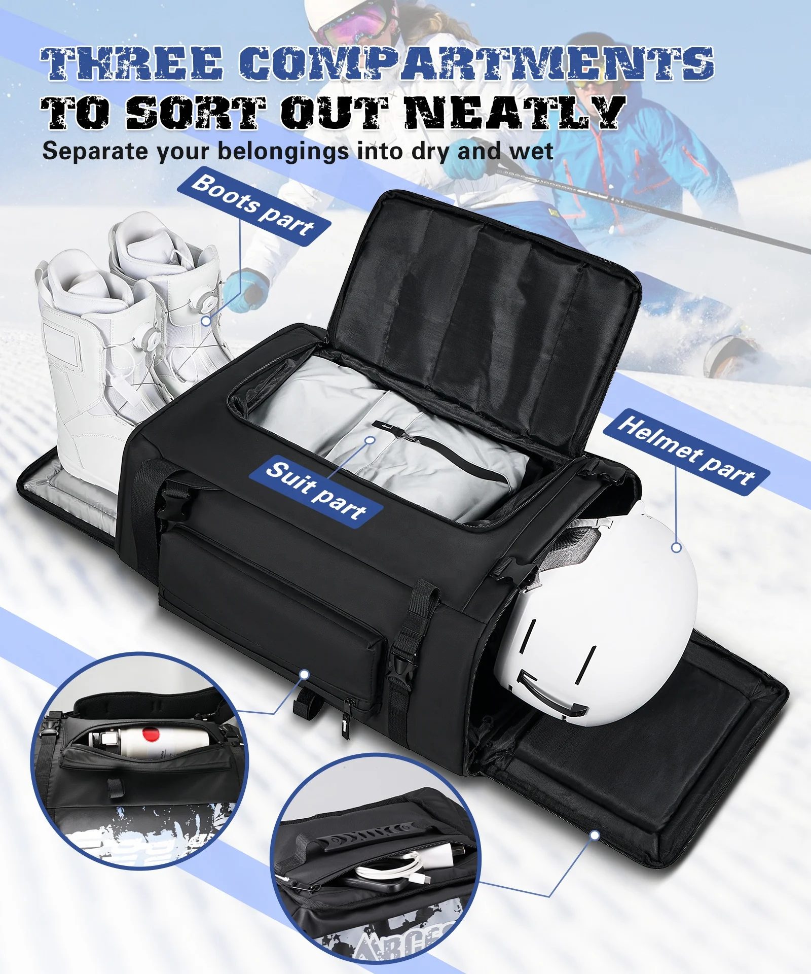 ARCFOX 60L SKi Snowboard Boot Bag Backpack For Helmets Gloves Goggles Jacket Gloves