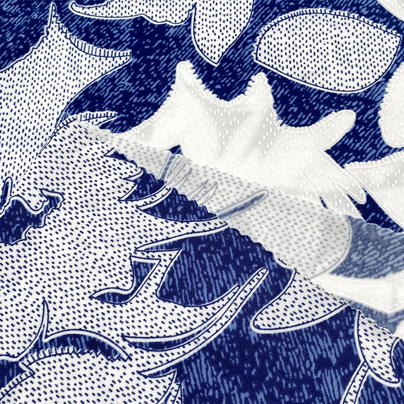 Fabric Factory Custom White and Blue Flower 3D Textured Embossed Polyester Spandex Jacquard Fabric for Garment Dress