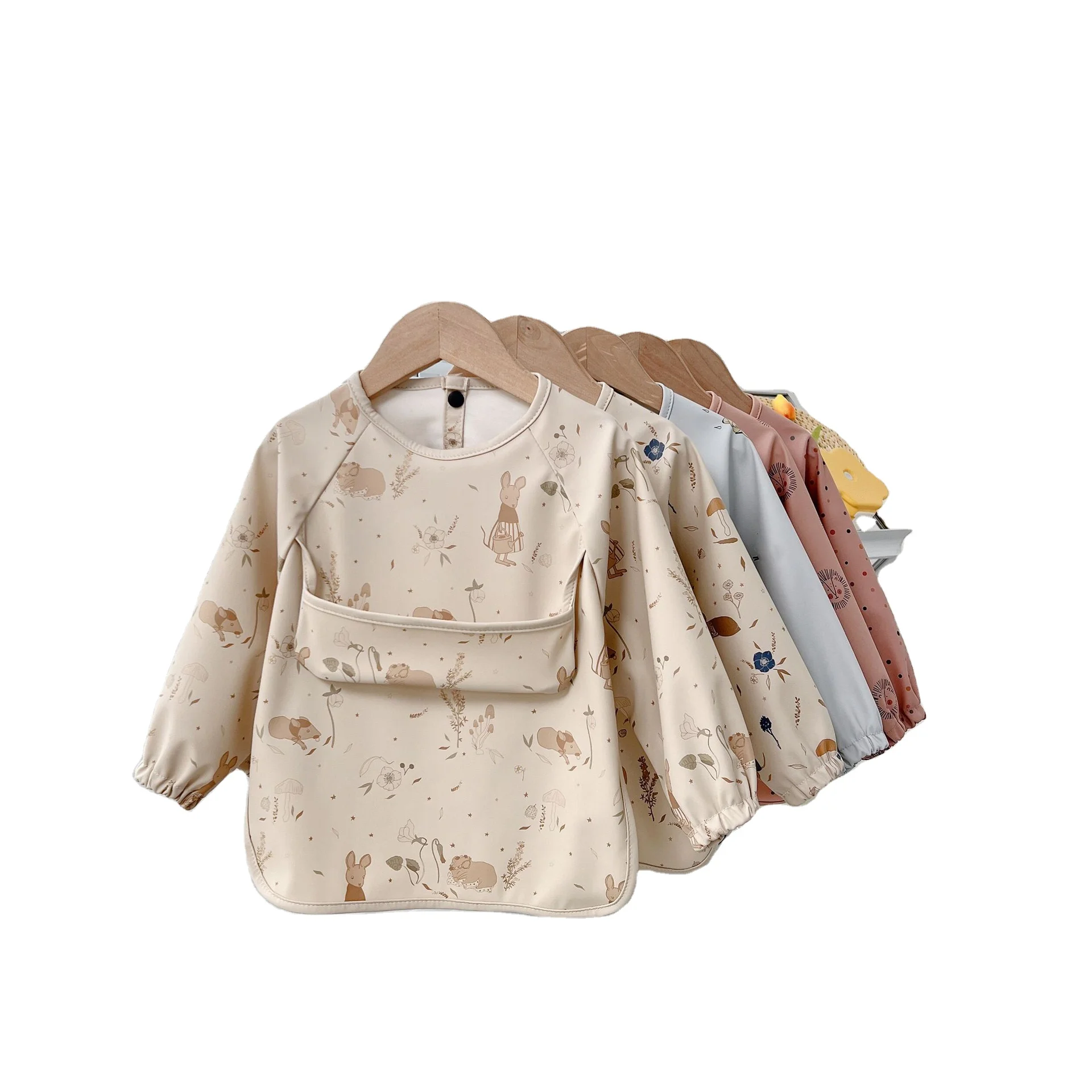 PU Waterproof Long Sleeve Smock Baby Bibs Wearable Printed  Apron For Eating & Led Weaning Customize