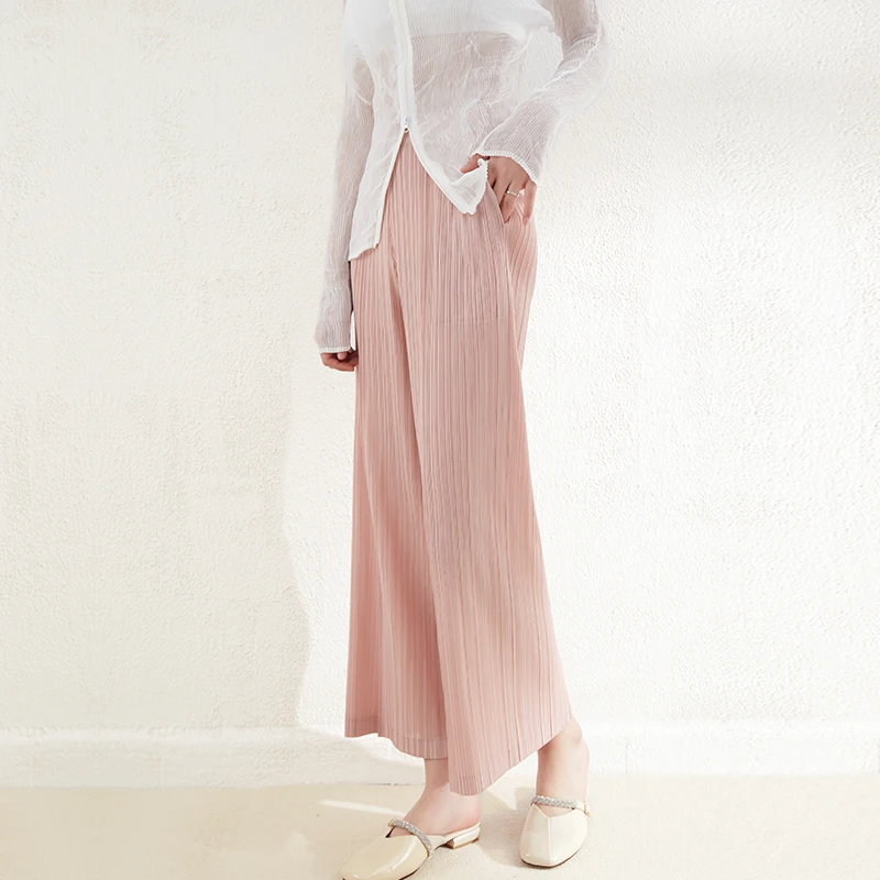 Miyake Pleated Summer Women Casual Loose Trousers Korean Pleated Palazzo Straight Pants