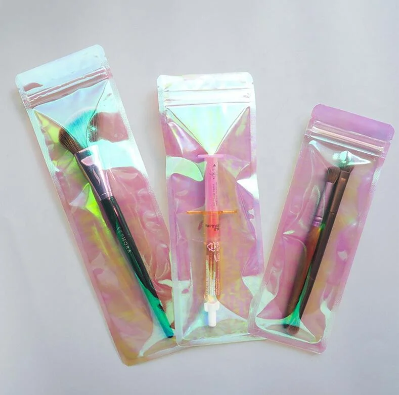 Hologram Rainbow zip flat bag transparent see through cosmetic tools jewelry plastic bag cosmetic brush bag