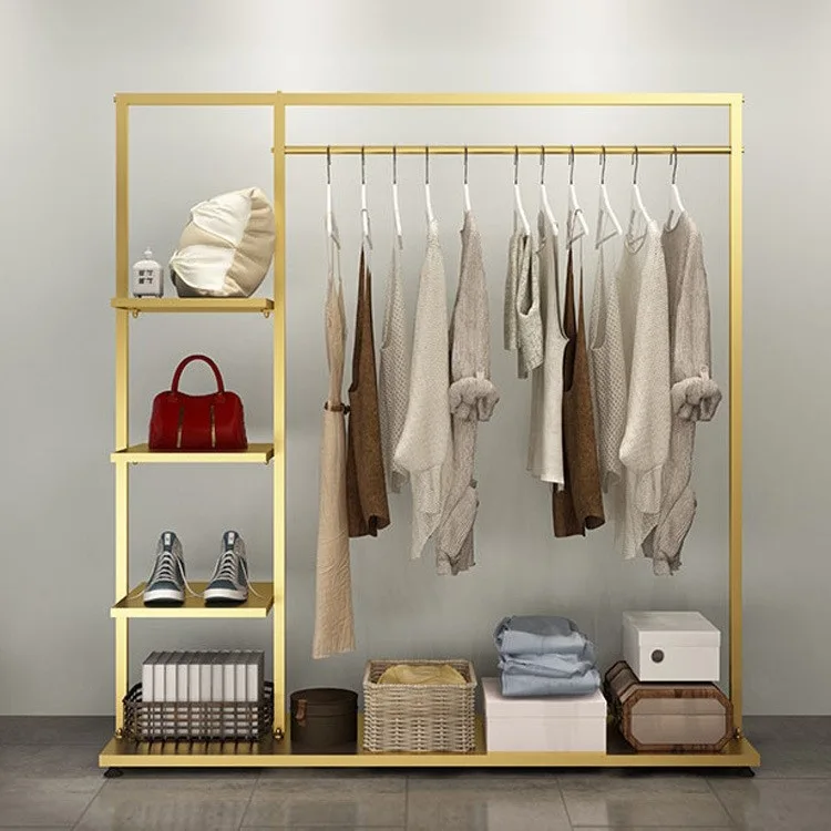 Fashion Women Clothes Shop Display Racks Metal Retail Boutique Clothing Rack Cloth Store Gold Display Stands