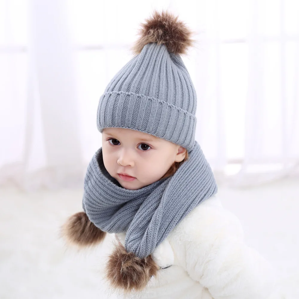 Winter knitting scarf hat suit warm double artificial fur ball crochet skull cap without a brim beanie baby winter hats