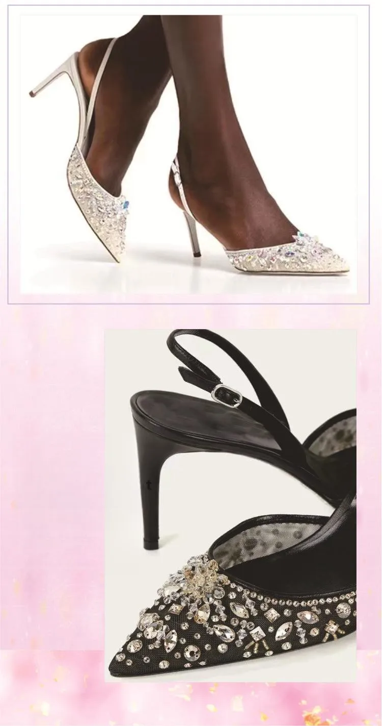 PDEP 2024  rhinestone new point toe elegant women  high heel wedding shoes crystal lace net stiletto heel shoes for women new