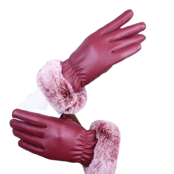 Женские зимние уличные варежки из искусственной кожи и замши с бархатной подкладкой из искусственного кроличьего меха, черные варежки для сенсорного экрана Z0200